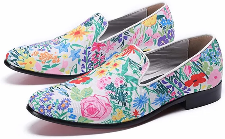 Santimon Mens Casual Flats Slip On Ultra-Lightweight Classic Tuxedo Floral Print Walking Travel Leisure Comfortable Driving Loafers