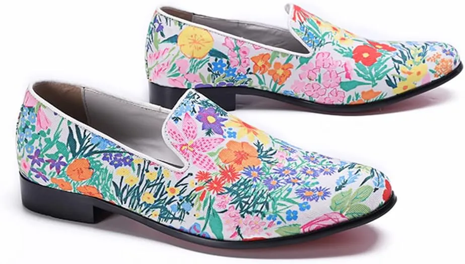 Santimon Mens Casual Flats Slip On Ultra-Lightweight Classic Tuxedo Floral Print Walking Travel Leisure Comfortable Driving Loafers