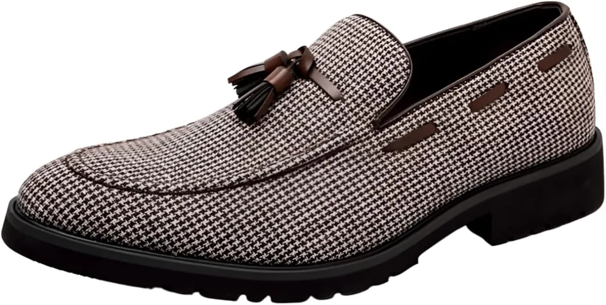 Santimon Men's Tassel Loafers Slip-on Dress Shoes Fashion Houndstooth Driving Shoes Classic Tuxedo Shoes Casual Shoes