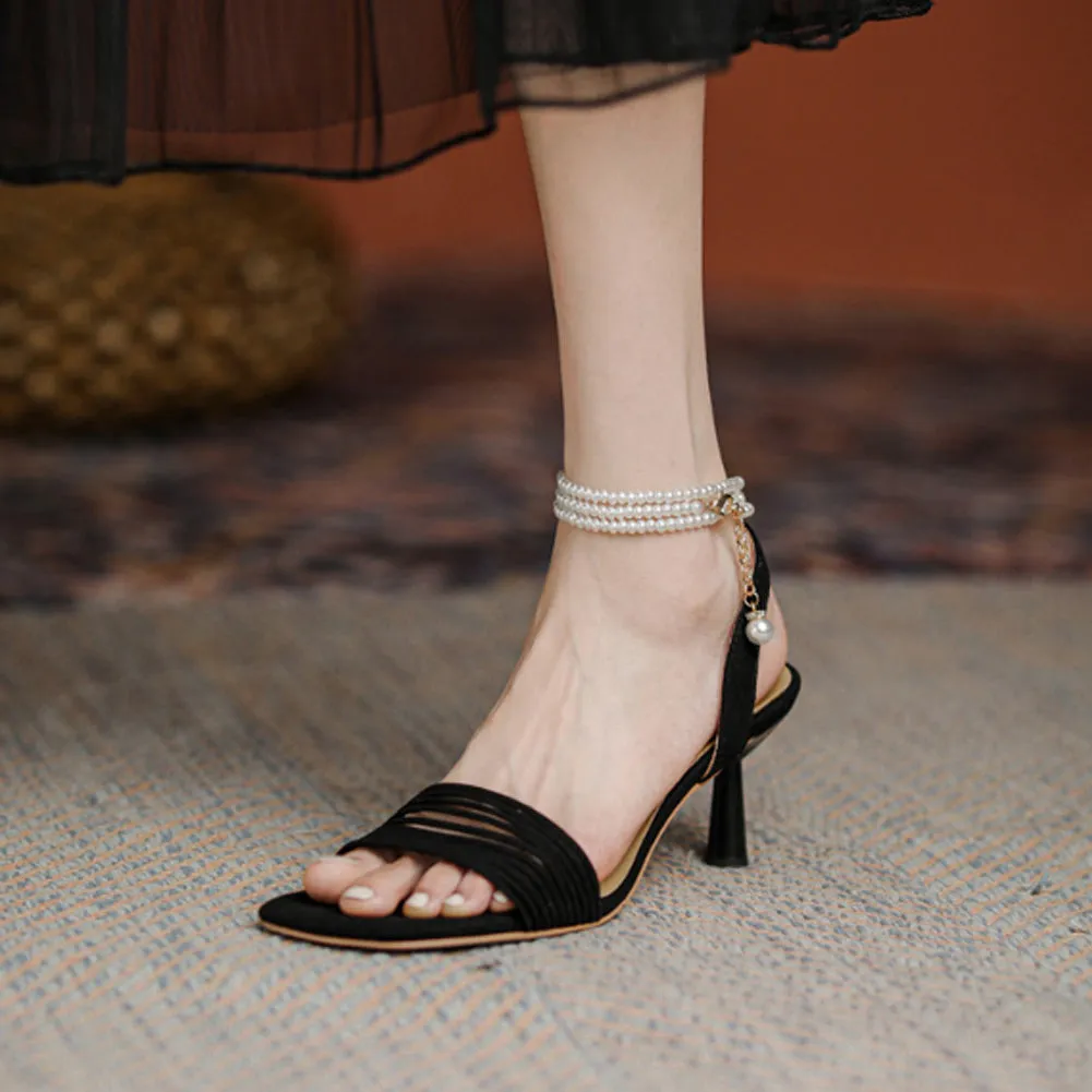 SQUARE TOE SPOOL HEEL PEARL SANDALS