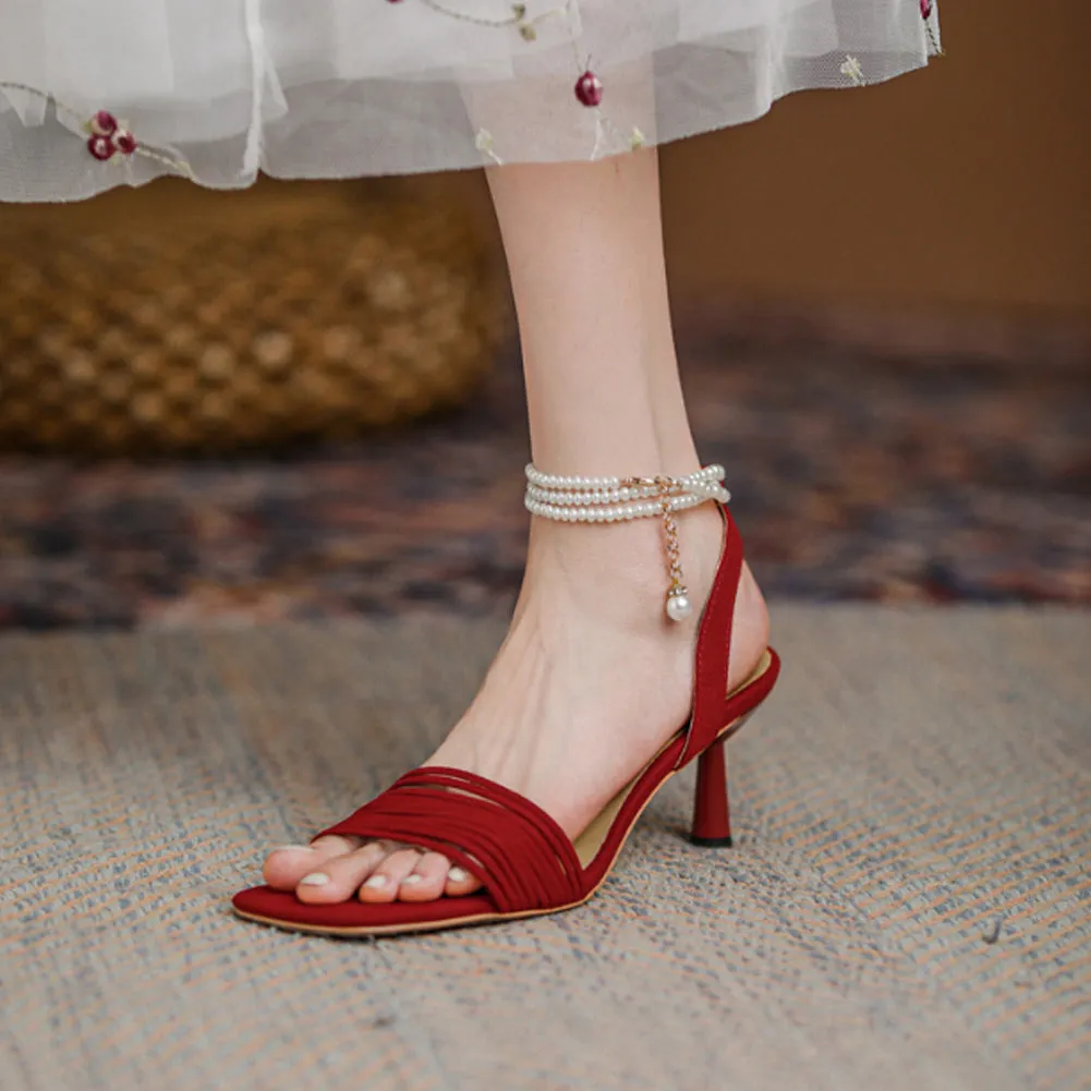 SQUARE TOE SPOOL HEEL PEARL SANDALS