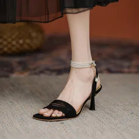 SQUARE TOE SPOOL HEEL PEARL SANDALS