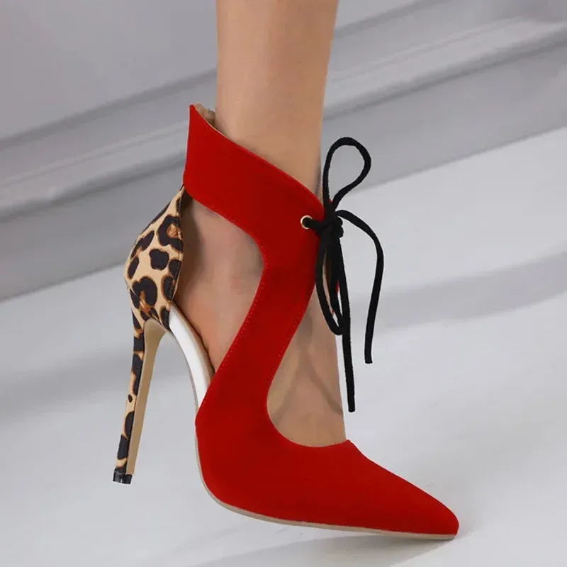 Thin Heel Pointed Toe Front Lace-up Flock Mixed Colors Banquet High Heel