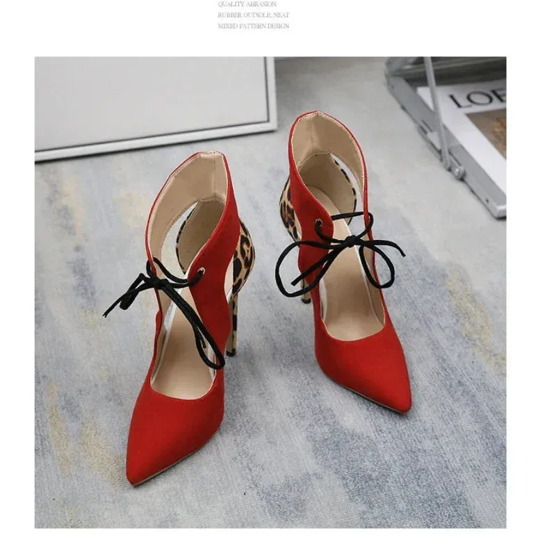 Thin Heel Pointed Toe Front Lace-up Flock Mixed Colors Banquet High Heel