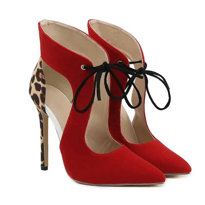 Thin Heel Pointed Toe Front Lace-up Flock Mixed Colors Banquet High Heel