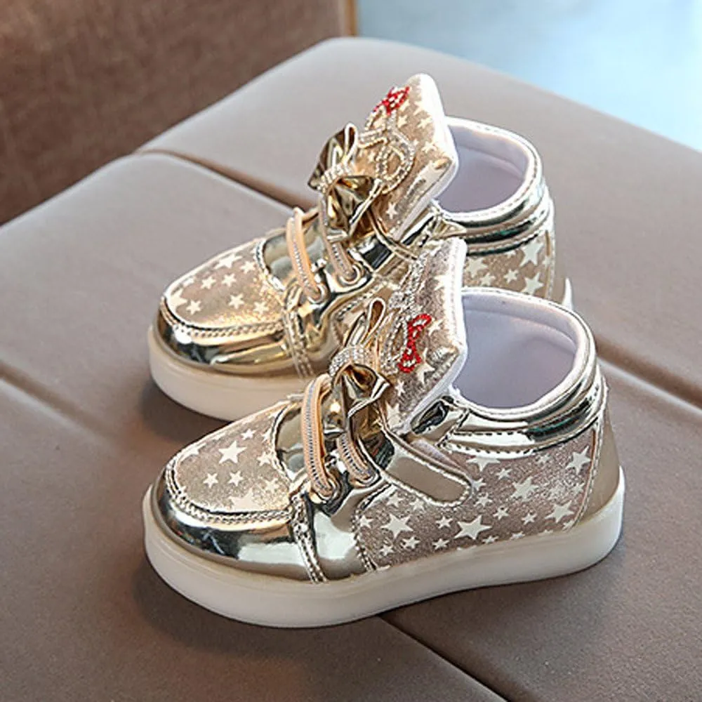 Toddler Baby Girls Light Up Shoes Kids High Top Star LED Flashing Wide Sneakers Little Girl Fashion Non Slip Boots