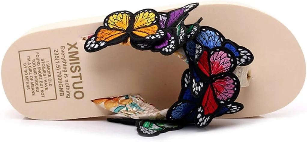 VOKLIN Women's Bohemian Butterfly Platform High Heel Flip Flops Anti-Slip Summer Beach Thong Wedge Sandals