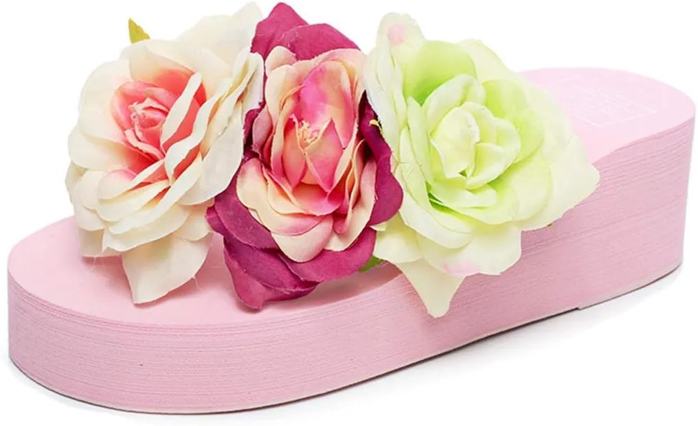 VOKLIN Women's Bohemian Flowers Wedge Flipflop Sandals Summer High Heel Platform Nonslip Beach Thong Sandal