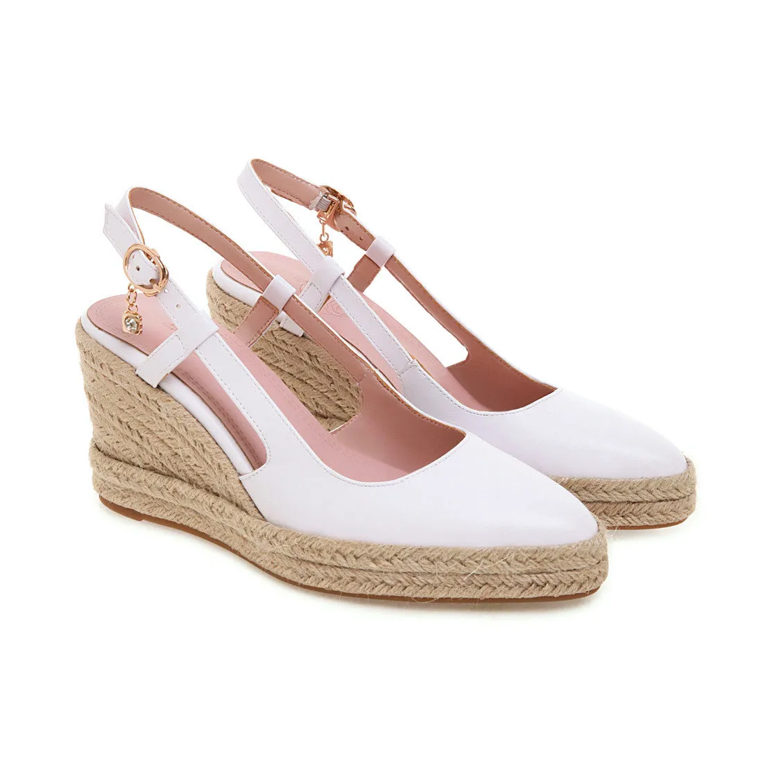 Women espadrille woven wedge heel buckle strap pointed closed toe sandals