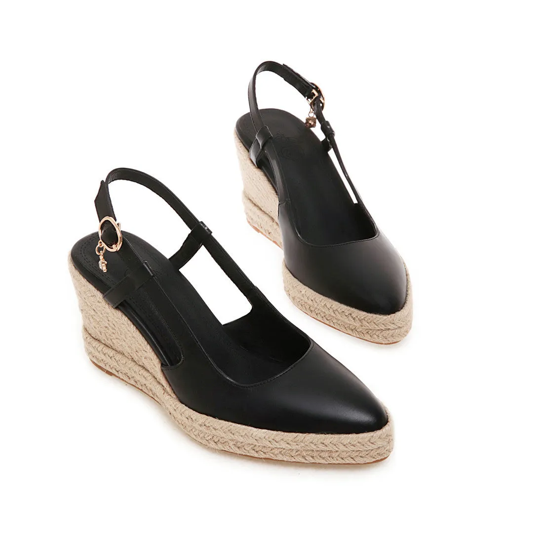 Women espadrille woven wedge heel buckle strap pointed closed toe sandals