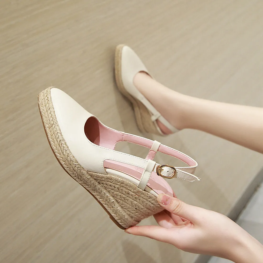 Women espadrille woven wedge heel buckle strap pointed closed toe sandals
