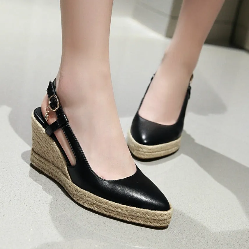 Women espadrille woven wedge heel buckle strap pointed closed toe sandals