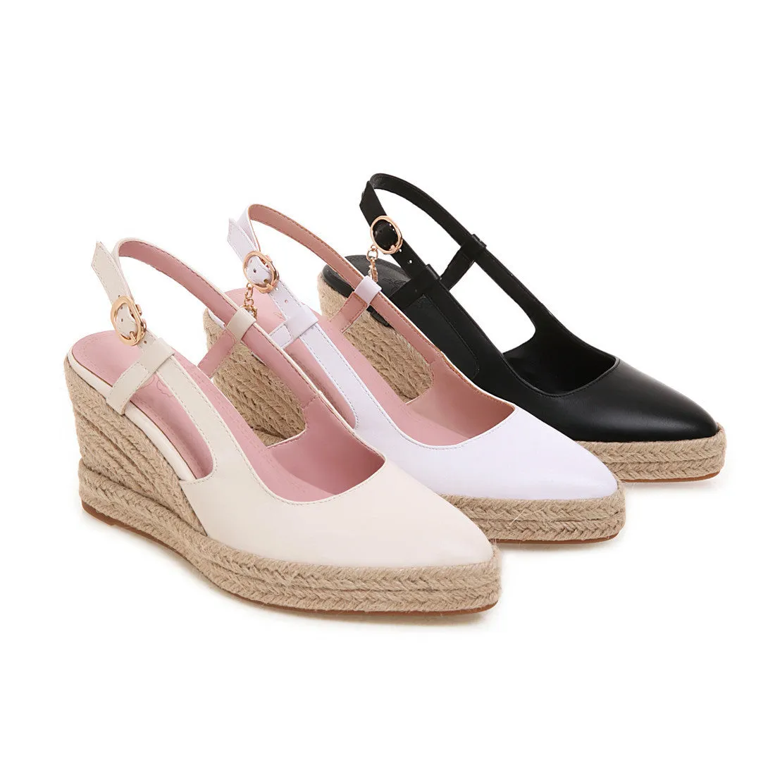 Women espadrille woven wedge heel buckle strap pointed closed toe sandals