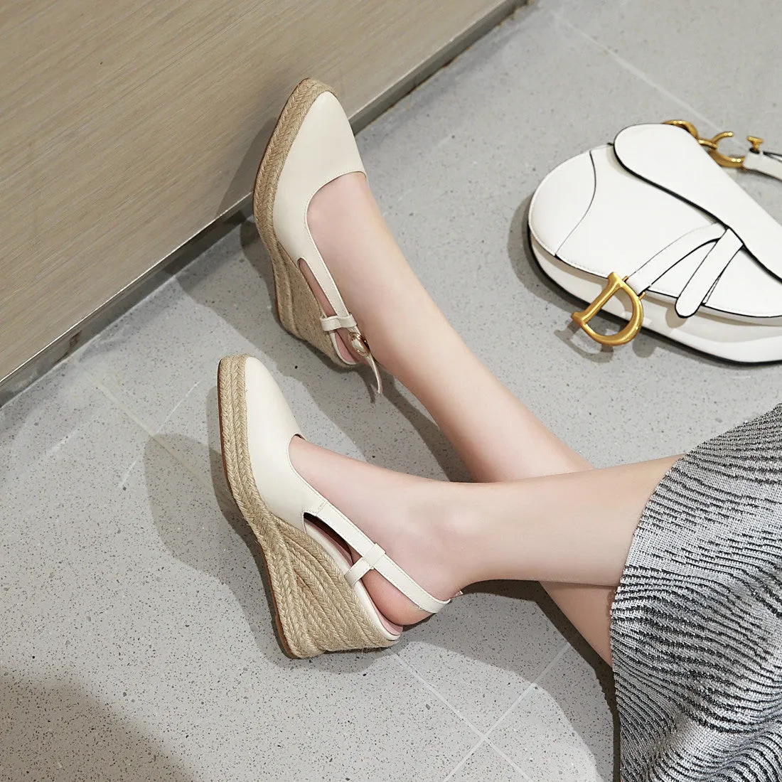 Women espadrille woven wedge heel buckle strap pointed closed toe sandals