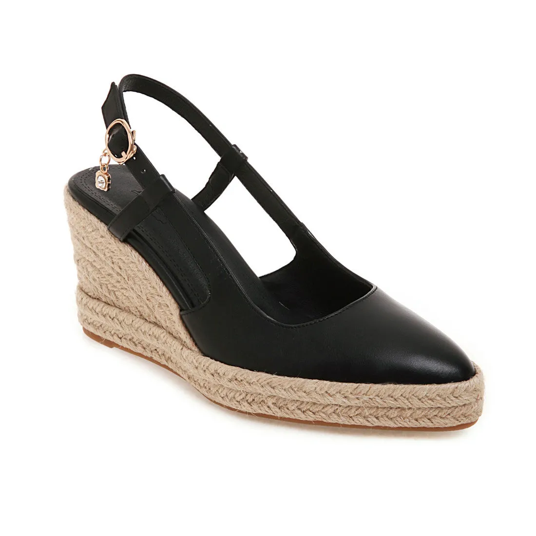 Women espadrille woven wedge heel buckle strap pointed closed toe sandals