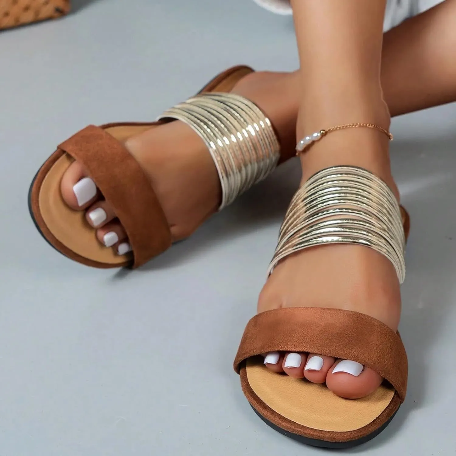 Women's Sandals Comfortable Soft Cushion Slide Sandals Dressy Summer Strappy Beach Slip On Flat Womens Sandals