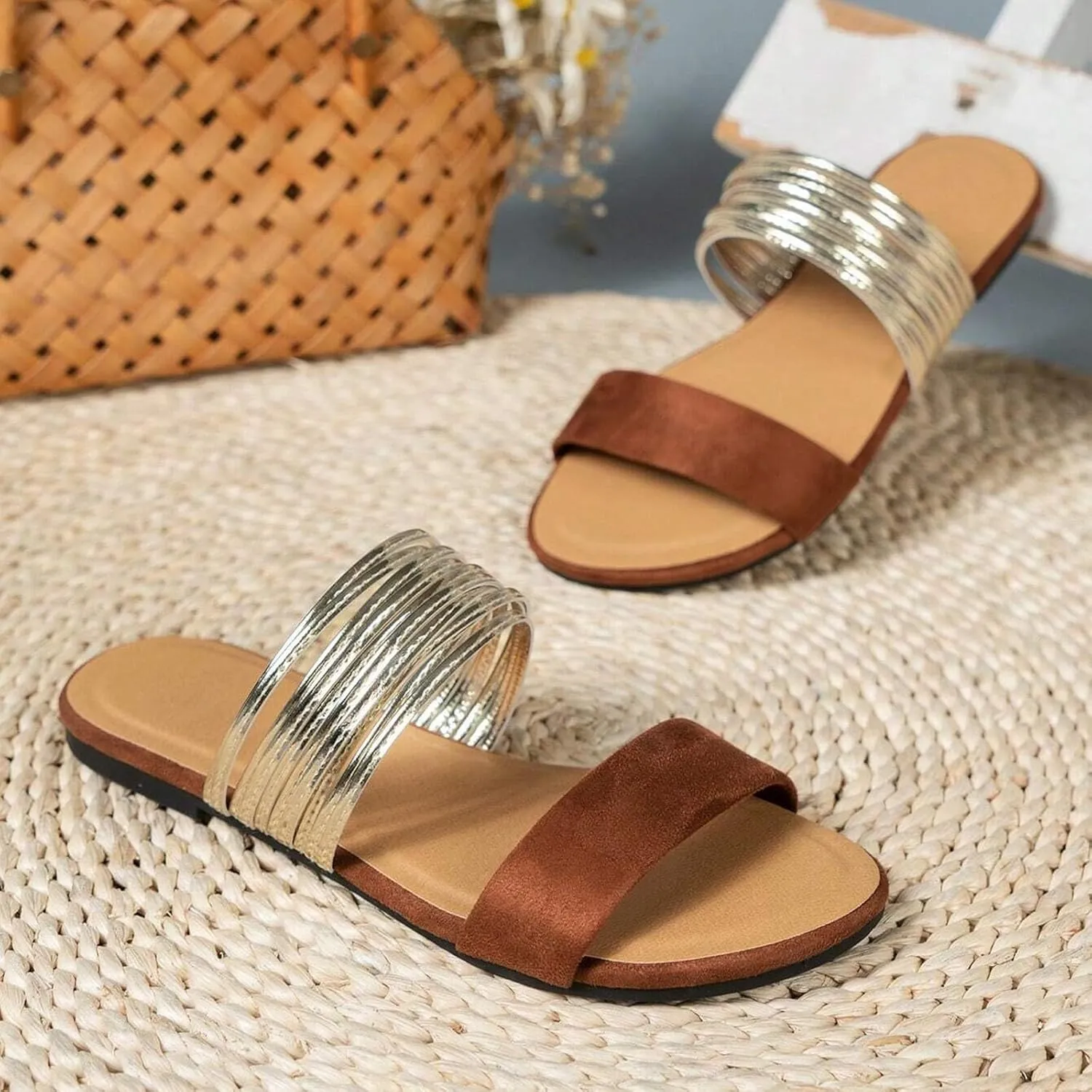 Women's Sandals Comfortable Soft Cushion Slide Sandals Dressy Summer Strappy Beach Slip On Flat Womens Sandals